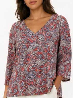 J. JILL V-Neck Cotton Paisley Print Women's Top in Rust Size XL